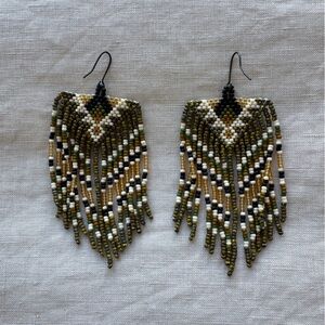 Brand New Hand Beaded Festival Fringe Earrings in Olive, Gold & White